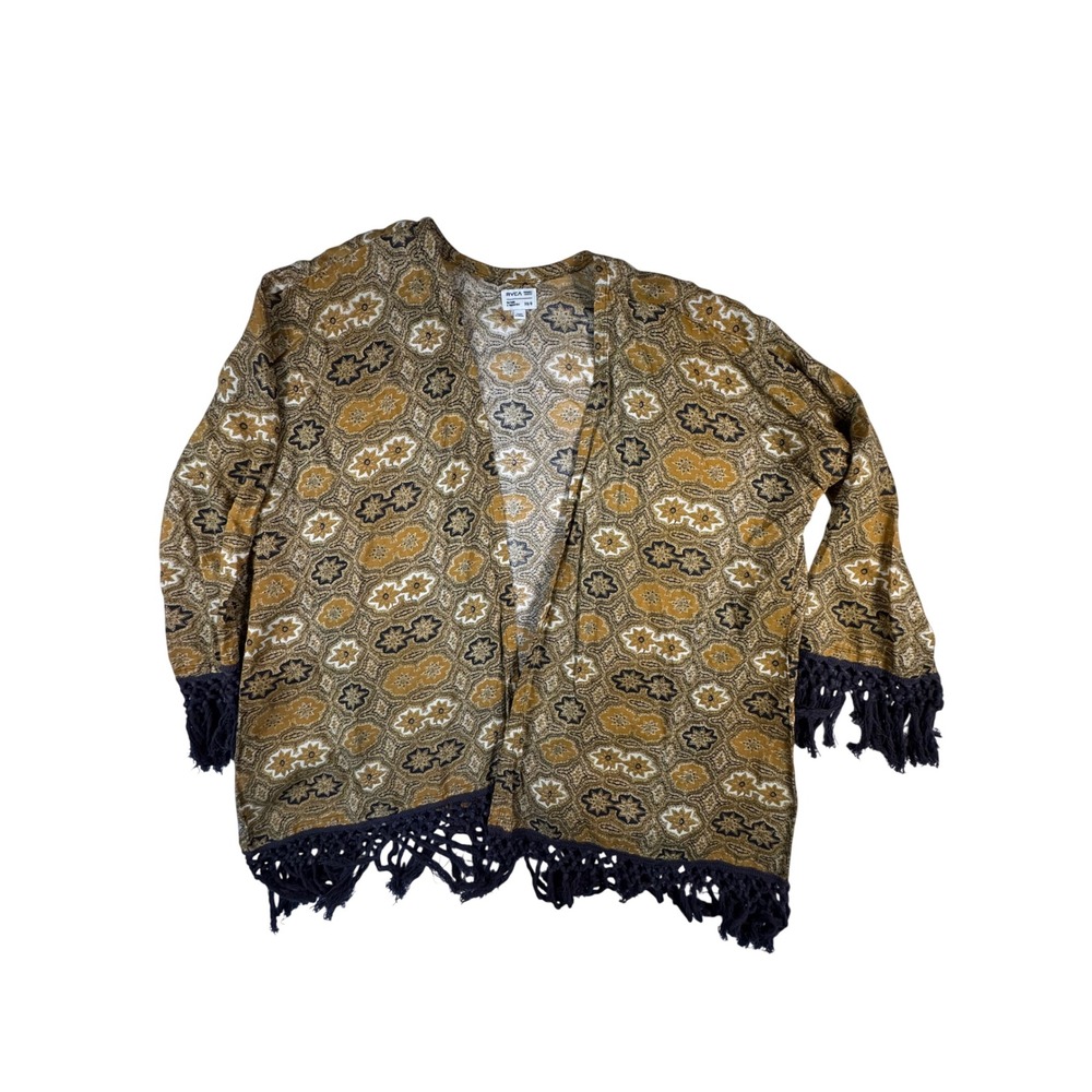 RVCA Kimono Cardigan Womens‎ XS/S Yellow Black Fringe Boho Rayon W4504LYC